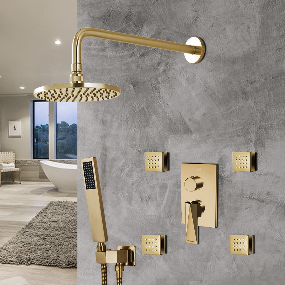 Bravat Brushed Gold Shower Set With Valve Mixer 3-Way Concealed Wall Mounted